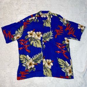 Aloha Hut Mens Hawaiian Shirt Size XL Blue Button Up Short Sleeve Floral Rayon